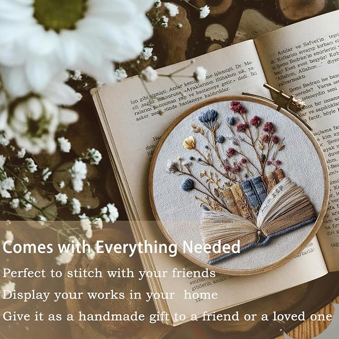 FONNUY Embroidery Kit for Beginners, Flower Book Pre-Stamped Pattern Kits for Adults with Hoop, Cross Stitch Easy to Follow Color Thread Needlework, 8'' Hoop (Blue)