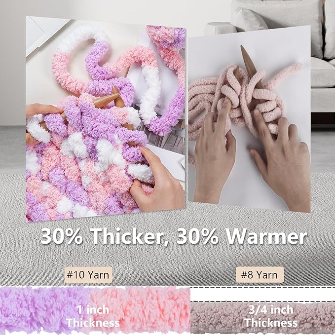 Cozyful Chunky Yarn for Hand Knitting - #10 Chunky Chenille Blanket Yarn, Jumbo Big Thick Chunky Yarns for Crocheting, Tie Dye Bulky Knit Yarns, 8 Skein (20 yds 8 oz Each Skein), Purple&Pink&White