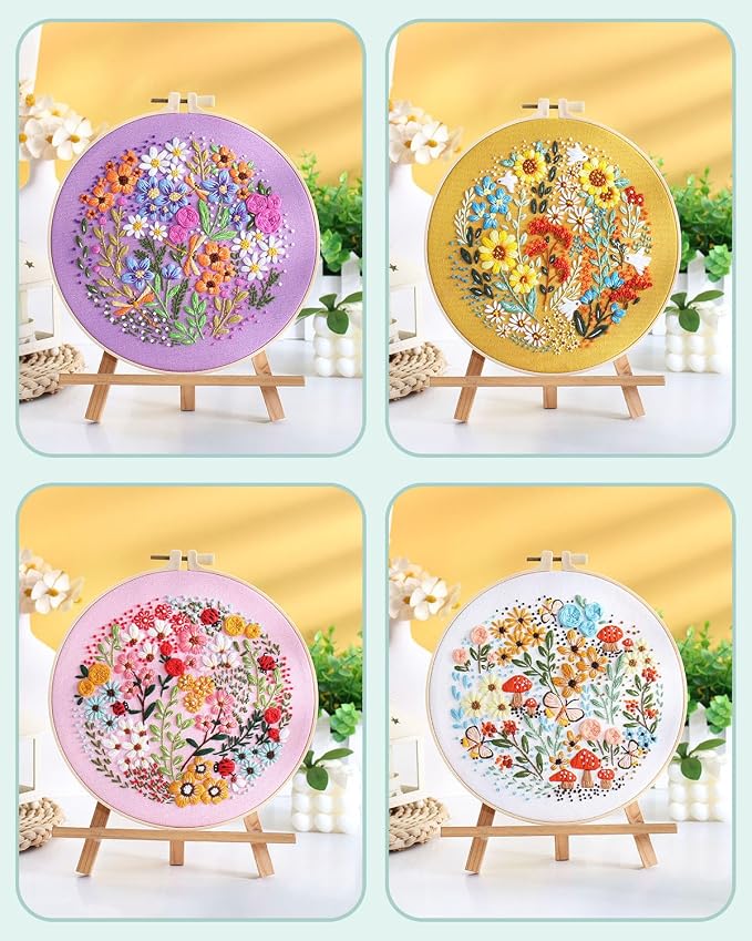 ERKOON 4 Sets Embroidery Kit for Beginners,Hummingbird and Flower Cross Stitch Set for Include Embroidery Cloth Hoops Threads for Craft Lover Hand Stitch (Flower)