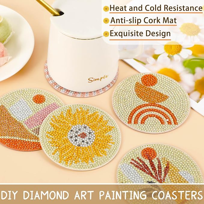 UPINS 8Pcs Boho Diamond Art Painting Coasters for Drinks | DIY Coaster Diamond Art Kits,for Adults Kids Beginners Diamond Art Craft Supplies
