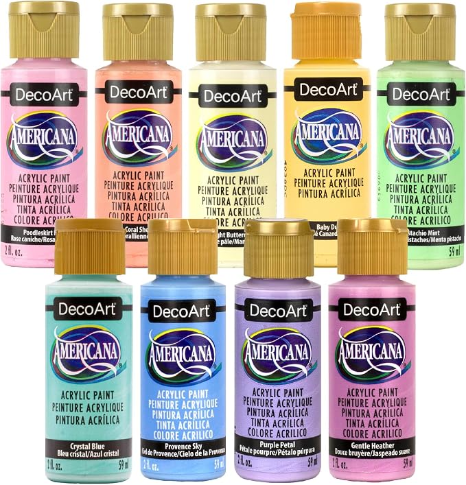 DecoArt Americana Acrylic Paint Set – Essential Pastel Colors, 9 Bottles (2 fl oz) – Art and Craft Acrylic Paints for Canvas, Wood, and More