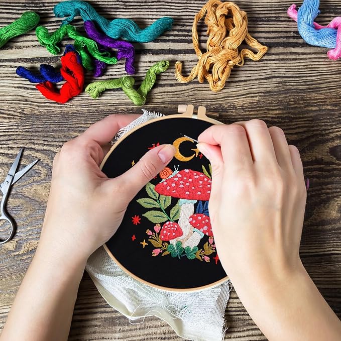 Nuberlic Mushroom Embroidery Kits for Beginner Adults | Starter Cross Stitch Kit DIY Needlepoint with Hoop, Pre-Printed Fabric, Threads & Step-by-Step Guide