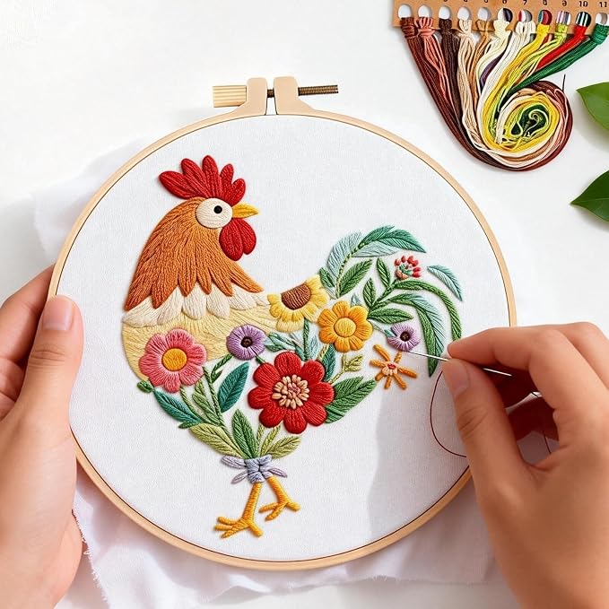 Herdiese Embroidery Kit for Beginners & Adults, Rooster Flower Cross Stitch | Stamped Cross Stitch Kit Including Fabric, Hoop, Threads, Needles & Instructions, Complete DIY Hand Sewing Craft Set