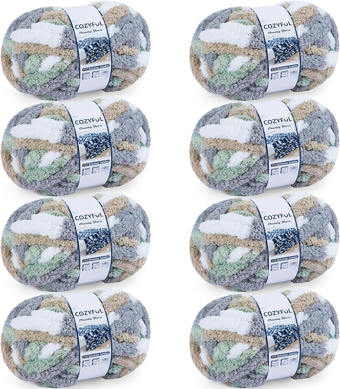 Cozyful Chunky Yarn for Hand Knitting - #10 Chunky Chenille Blanket Yarn, Jumbo Big Thick Chunky Yarns for Crocheting, Tie Dye Bulky Knit Yarns, 8 Skein (20 yds 8 oz Each Skein), Cream&Sage&Grey&Khaki