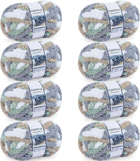 Cozyful Chunky Yarn for Hand Knitting - #10 Chunky Chenille Blanket Yarn, Jumbo Big Thick Chunky Yarns for Crocheting, Tie Dye Bulky Knit Yarns, 8 Skein (20 yds 8 oz Each Skein), Cream&Sage&Grey&Khaki
