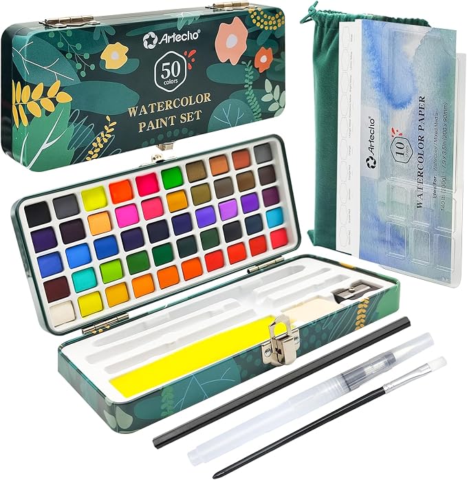 Artecho 50-Color Watercolor Paint Set, Compact Travel Tin Case | 50 Colors: 46 Classic & 4 Fluorescent; 2 Brushes and 10 Watercolor Sheets for Beginners, Gifting and Travel Painting