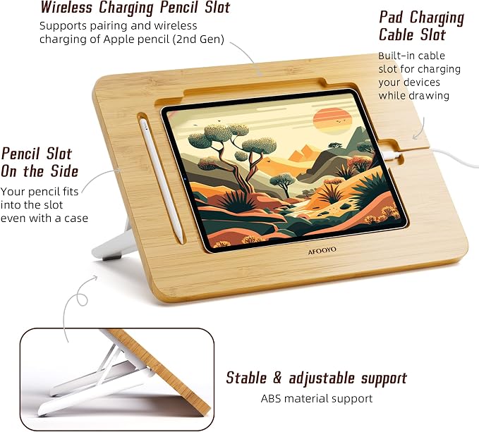 AFOOYO Bamboo Tablet Drawing Stand - Portable & Adjustable 5 Angles,Laptop Stands Riser, Book Reading Stand,Compatible with 9.7/10.2/10.5/10.9/11 inches