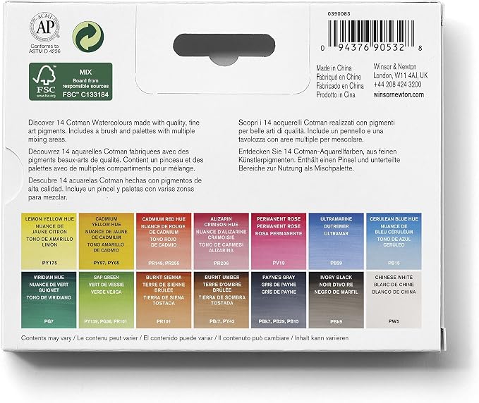 Winsor & Newton Cotman Watercolor Paint Set, 14 Half Pan Field Set | Introductory Watercolor made with Fine Art Pigments, Perfect for Beginners, Lightfast & Permanent, Good Tinting Strength