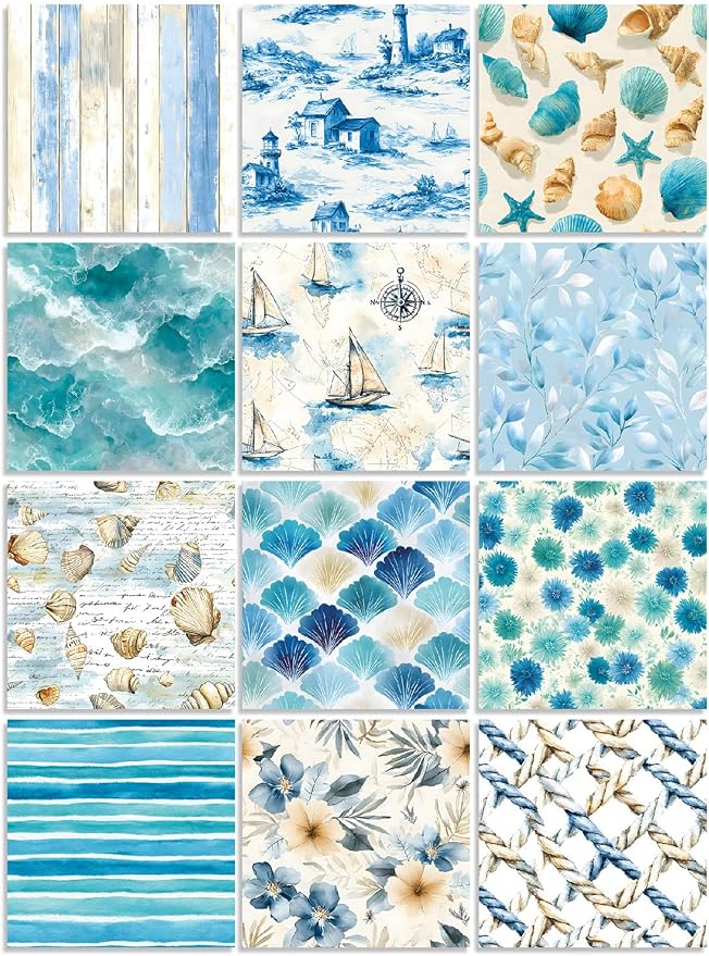 Blue Aesthetics Scrapbooking Paper Pad - 24 Sheets 6'' x 6'' Beach Shell Patterned Decorative Collage Decoupage for Journaling Wrapping Folded Supplies Gift DIY Crafts Cards Photo Album