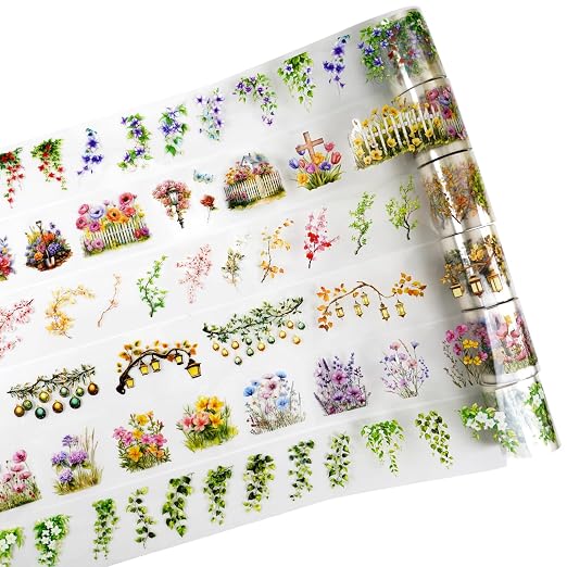 Misty Island Florals PET Pre-Cut Floral Tape Set - 6 Rolls Clear Flower Sticker Strips + 1 Clip for Scrapbook Journals Junk Journal Coastal Cottage DIY Décor