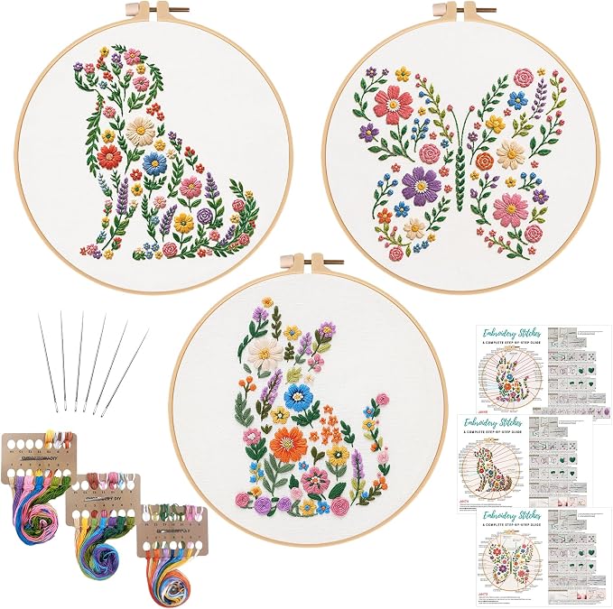 Nuberlic 3 Pack Embroidery Kit for Beginners with Animal Floral Patterm
