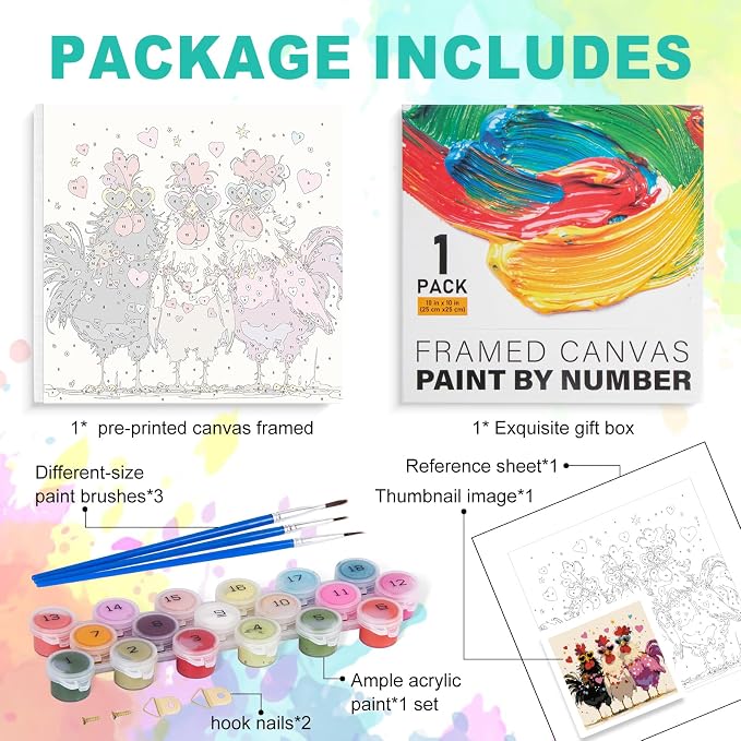 Framed Paint by Numbers Kit for Adults, Funny Chickens, 10 x 10 Inch | DIY Adult Paint by Number Kit for Beginners, Farmhouse Wall Decor, Stress Relief Craft Gift, Creative Hobby