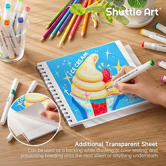 Shuttle Art Marker Pad, 8.9”x8.3” Portable Sketchbook, 40 Sheets Marker Drawing Paper, 110LB/180GSM Smooth Surface Bleedproof Art Paper, Spiral-Bound, Great for Beginners to Draw, Paint & Sketch
