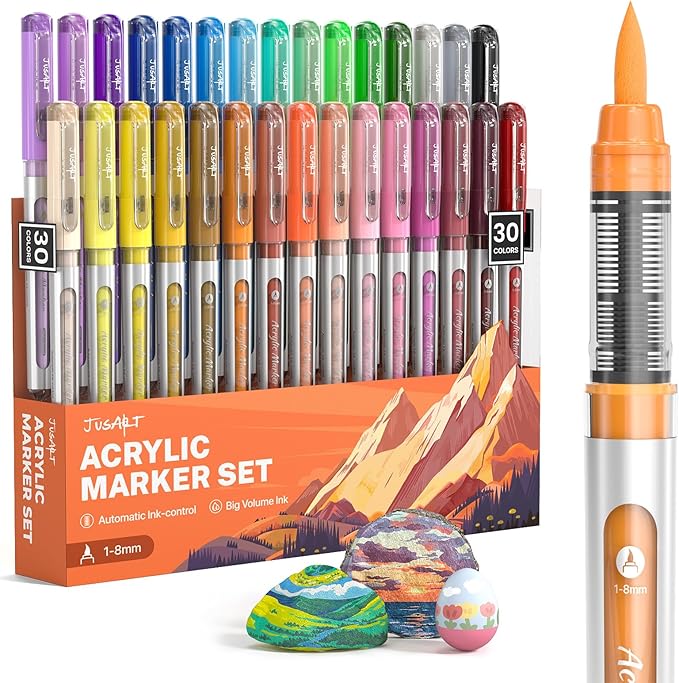 JusArt Acrylic Paint Markers Brush Tip 30 Colors, Automatic Ink Control