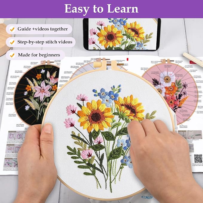 Uniartfy 3 Sets Embroidery Kit for Adults, Flower Pattern Embroidery Practice Kits for Beginners, Needlepoint Cross Stitch Kits Include Hoop, Colorful Threads, Tools, Easy to Learn Video & Instruction