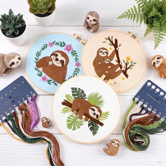 Mindsoft 3 Set Needlepoint Kit for Beginners with Hoop,Sloth | Bamboo Hoop Thread Needles Instructions, Easy Hand Embroidery for Beginners Home Crafts,Pre-stamped Funny Cute Designs