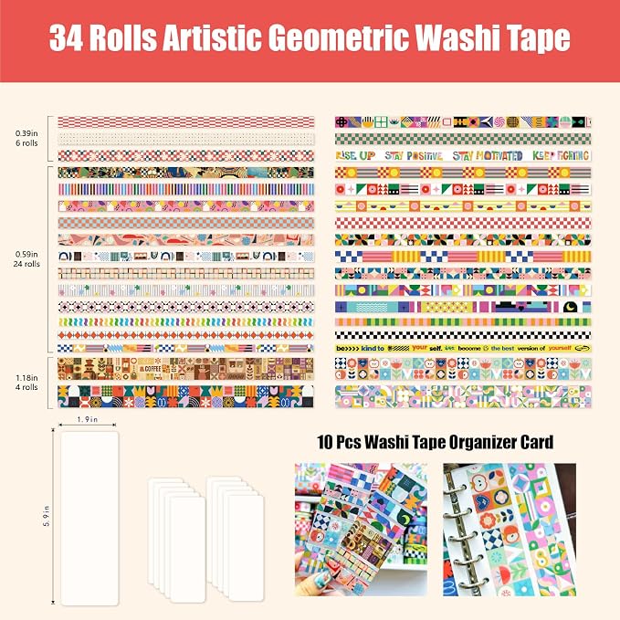 Bomichi Washi Tape Set - 34 Rolls Modern Geometric Pattern Scrapbook Tape