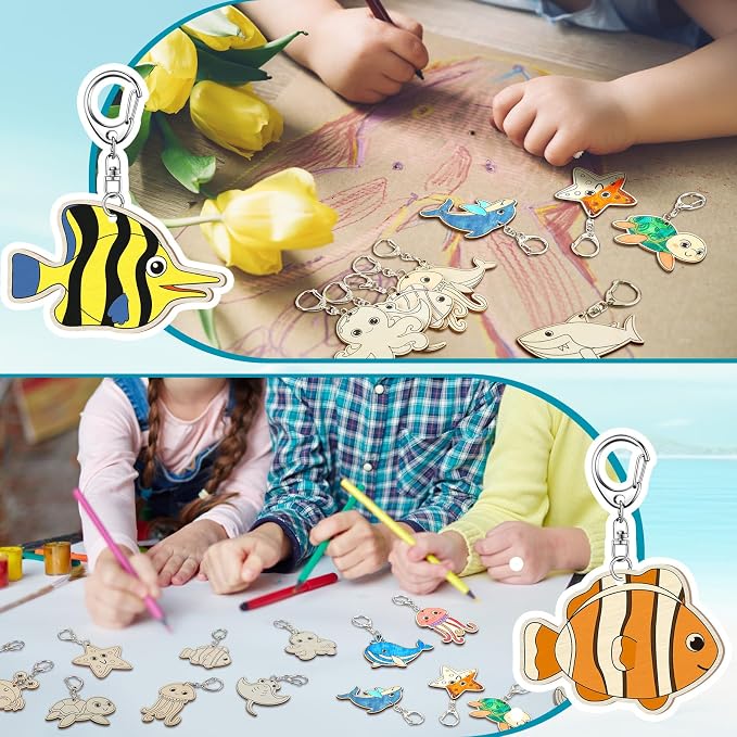 Trnayi 36 Pcs Sea Life Unfinished Wood Keychain Color Your Own DIY Craft | Sea Life Wooden Keychains, Color Your Own Unfinished Crafts, Blank Wood Painting DIY Crafts, for Home Activities Art Project