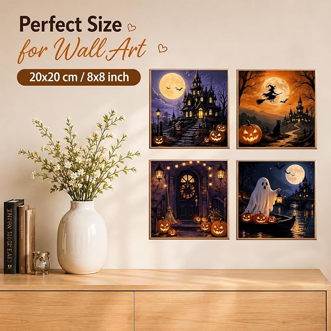 AUKELHJ 4 Pack Framed Paint by Numbers Kit for Adults, Halloween, 8x8 inch