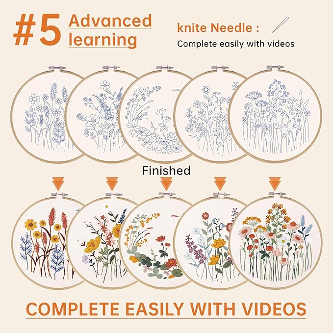 CYANFOUR 5 Pack Beginner Embroidery Kit for Adults with Video & Instruction | Easy to Learn Floral Embroidery Patterns, Includes Multiple Accessories, Gift for Craft Lovers