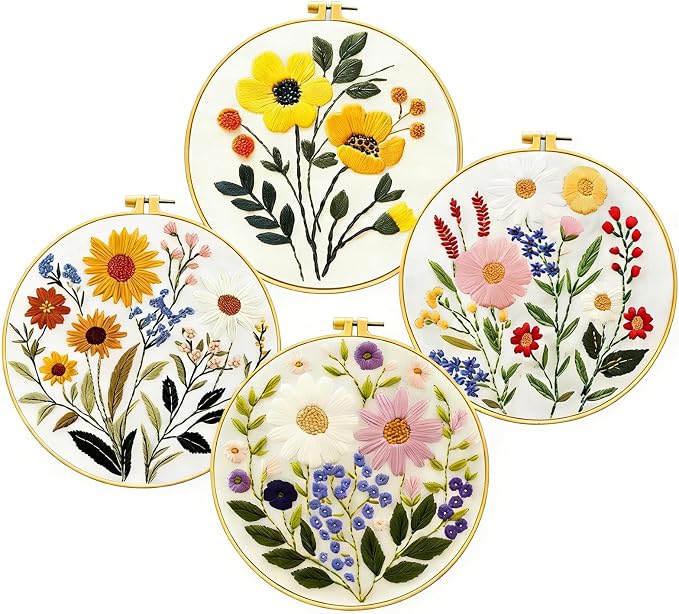 Zhenqing 4-Piece Floral Embroidery Kit for Beginners - Complete Set with Printed Cotton Fabric, Hoop, Threads & Tools (C0155)