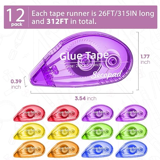 Secopad Scrapbook Tape, 12 Pack Glue Tape, Bright-Colored Shell | 0.3IN x 26FT, Sticky & Safe, Double Sided Tape for Crafts, Scrapbooking Junk Journaling Supplies, For School Office Teachers