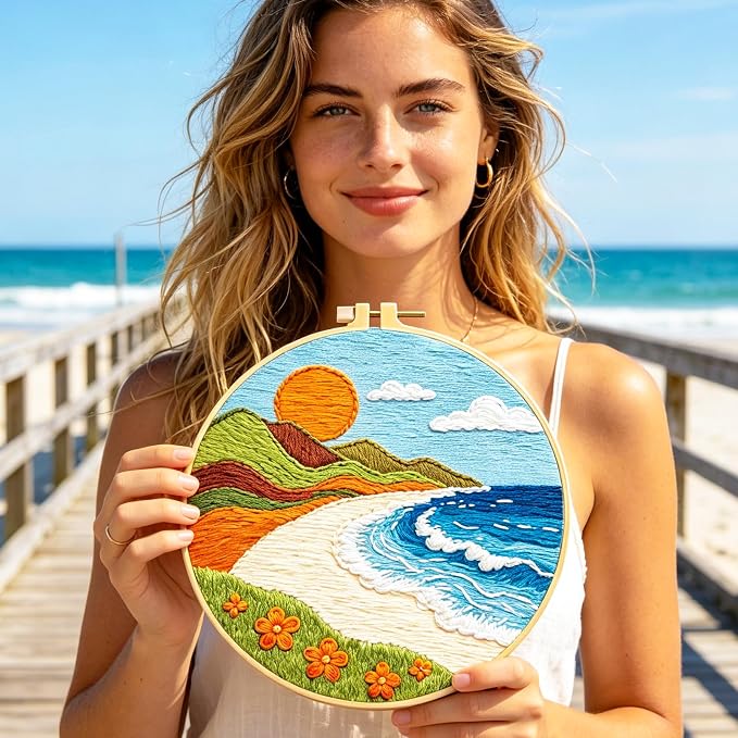BEUNITONE 4 Set Embroidery Kit for Adults Beginner with Hoops & Instruction | Easy to Learn Landscape Stamped Embroidery Patterns, Includes Multiple Accessories, Gift for Craft Lovers Relaxation