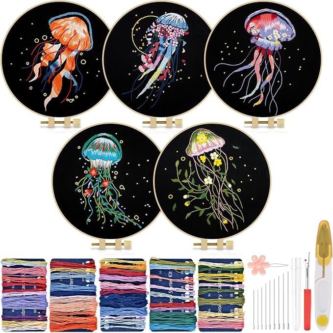 TINDTOP 5 Pack Embroidery Kit for Adult, Embroidery DIY Starter Kit | for Beginners Include Embroidery Cloth Hoops Threads for Craft Lover Hand Stitch with Embroidery Skill Techniques