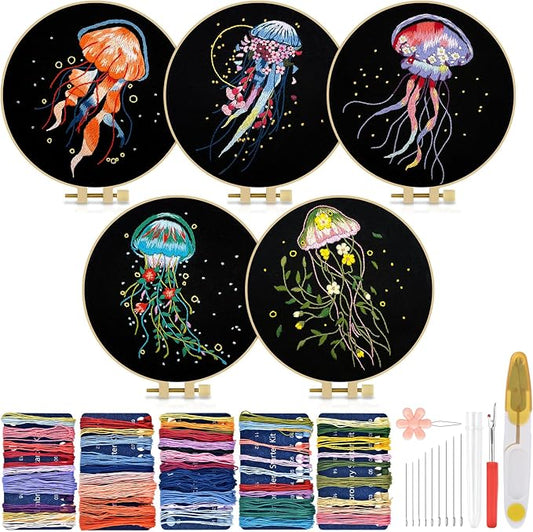 TINDTOP 5 Pack Embroidery Kit for Adult, Embroidery DIY Starter Kit | for Beginners Include Embroidery Cloth Hoops Threads for Craft Lover Hand Stitch with Embroidery Skill Techniques