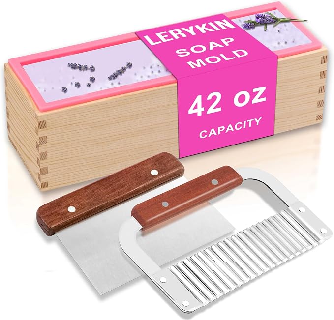 LERYKIN Rectangular Soap Mold Kit with Cutter- 42oz Flexible Silicone Loaf Soap Mold with Wood Box, Stainless Steel Wavy & Straight Scraper for Homemade Craft Soap Making Supplies