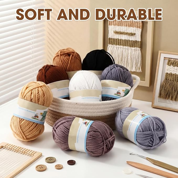 Buryeah Brown Series 8 Packs Crochet Yarn Knitting Bundle Beginner Acrylic Thread Fluffy Hand Tube Polyester Yarn Needles Bulky Kit Variety Pack 726 Yards for Weaving Crafts DIY Project Beginner