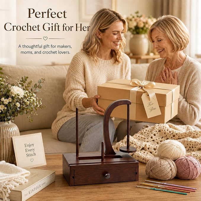 Ojdn hvy Upgrade Yarn Holder for Crocheting, Larger Size Wooden Magnetic Rotating Yarn Spinner with 2 Spindles, Large Storage Box, Perfect Crochet Gift for Knitting Lovers, Women, Mom, Grandma