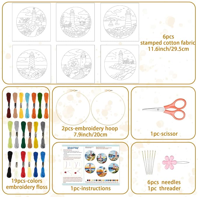 BEUNITONE 6 Set Beginner Embroidery Kit for Adults with Pre-Printed Washable Lighthouse Pattern, DIY Needlepoint Craft Kits for Cloth with Embroidery Hoop and Instruction, Funny Gifts for Home Decor