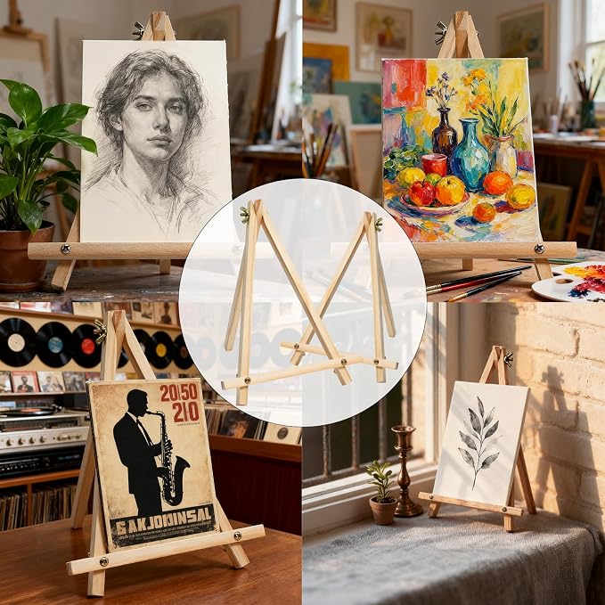 6 Pack 9 Inch Wood Easels, Tabletop Painting Easel Stand | for Canvas, Photo & Sign Display - Portable Tripod Art & Craft Easels for Kids and Adults