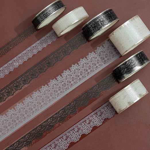 6 Rolls Lace Patterns PET Tapes Floral Arts Decorative Tape Set Adhesive Transparent Masking Tapes for DIY Craft, Kids, Scrapbook, DIY, Gift Wrapping, Journal (Black and White)
