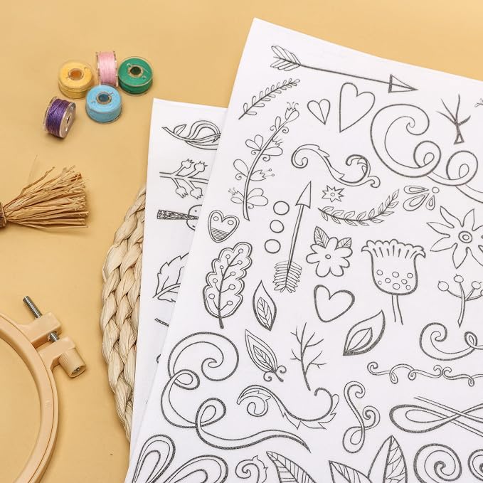 Patemby Embroidery Pattern Water Soluble Embroidery Stabilizers, Stick and Stitch Embroidery Paper Wash Away with Pre-Printed Pattern Designs Stencils Transfers for Hand Sewing Lover Beginner