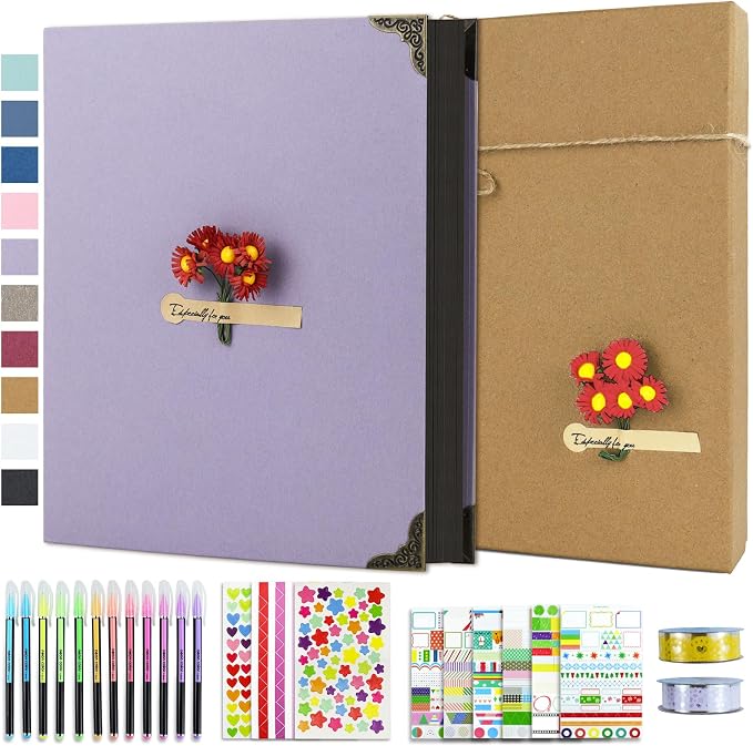 Vienrose DIY Scrapbook Photo Album Kit,8.5x11 Inch,60 Pages,Light Purple | 30 Sheets,Hardcover,3-Ring Removable Black Paper,Pens,Tapes,Stickers,Gift for Lover Friends Kids Wedding Valentine's