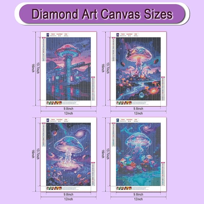 DOZEEZOP 4-Pack Diamond Art Kit for Adults, 5D Diamond Painting 12x16 Inch | Mushroom pictures, Full Round Drills, Home Wall & Shelf Decor, Beginner-Friendly DIY Craft, Stress Relief, All-Occasion Gift
