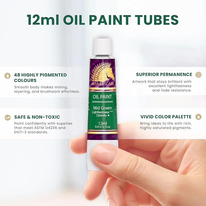 MyArtscape Oil Paint Set - 48 x 12ml Artist Oil Paint Tubes | Rich pigment oil paint set with smooth blending glossy finish and excellent coverage for canvas painting