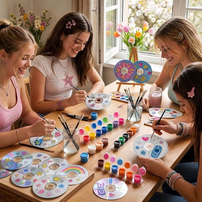 Sabary 29 Pcs DIY CD Painting Kit Painting Gift Includ 24 Pcs 4.72'' Blank Cds 12 Colors Acrylic Paint with 2 Brushes Ideal for CD Art Craft Kit for Creative Projects Home Decor Activities