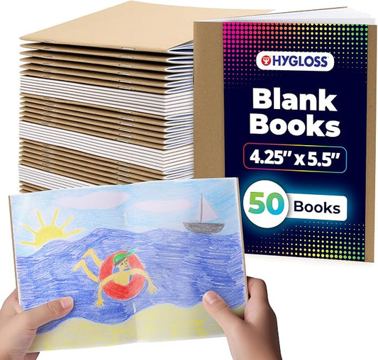 Hygloss Blank Books - Bulk 50 Pack – 4.25" x 5.5" A6 Kraft Paperback Blank Books for Kids to Write Stories, Doodle, Arts & Crafts – Plain Drawing Sketchbook, Unlined Journal, Notebook Without Lines