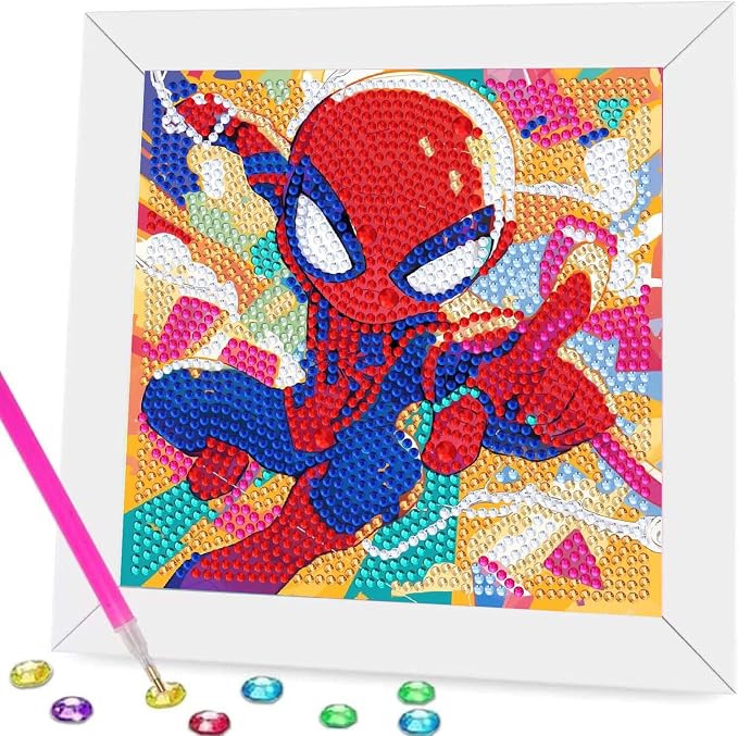 Fuinkqe Diamond Art Kits for Kids,Cartoon Diamond Painting Kits for Kids with Wooden Fram,Diamond Art for Kids Ages 6-8-10-12 for Gifts and Home Wall Decor 7X7 Inch