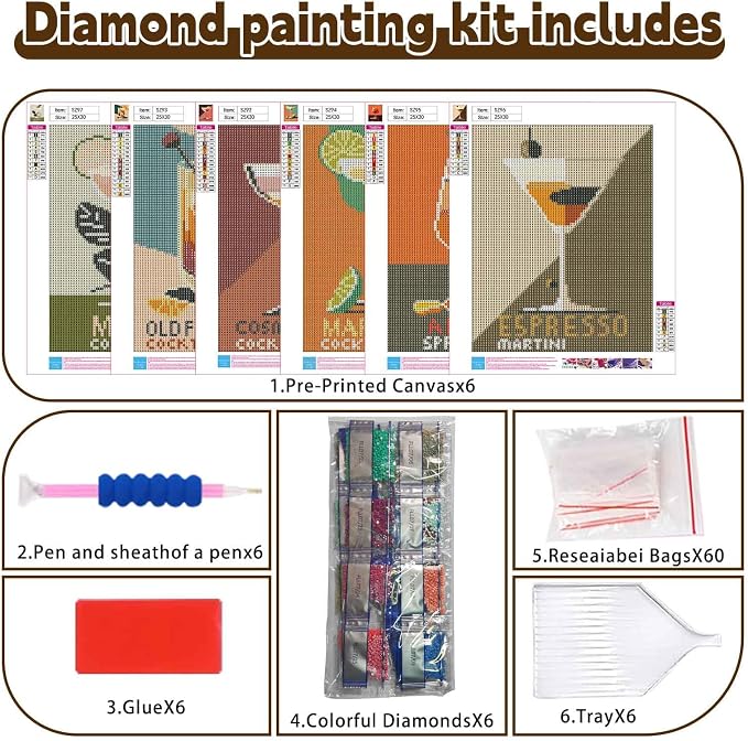 6 Pack Diamond Art Kits for Adults Beginner Cocktail Diamond Painting