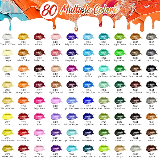 Caliart 80 Colors Acrylic Paint Set with 12 Brushes | Craft Painting kit for Adults Artists Beginners, Halloween Pumpkin Canvas Wood Rock Ceramic Fabric Art Supplies Paints