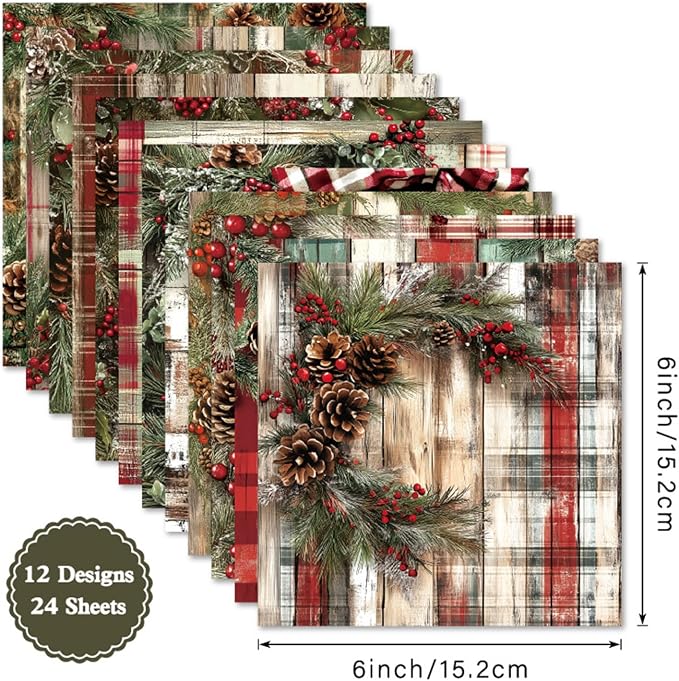 Vintage Christmas Scrapbooking Paper Pad, 24 Sheets 6-in Pinecone Aesthetic Patterned Decorative Material for DIY Art Crafts Collage Xmas Journals Decoupage Folded Gift Cards Photo Album