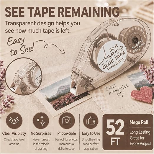 MARCADORUS Double Sided Tape Roller, Scrapbook Tape Runner Extra Long 52Ft | 52Ft x 0.31In Per Roller, 416Ft Total, Permanent, Acid-Free, Adhesive Photo Tape for Scrapbooking, Journaling & Paper Crafts