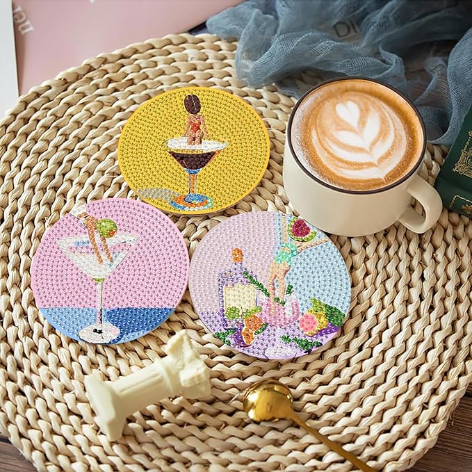 askkqtx 8 Pcs Cocktail Diamond Art Coasters Kits with Holder 4X4 Inch