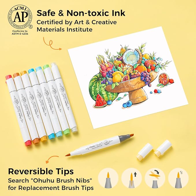 Ohuhu Alcohol Markers 120 Colors Brush& Soft Chisel for Adult Cozy Coloring | AP Certified Refillable Alcohol-based Ink, Drawing Markers for Artists Beginners Coloring Illustration Sketching, Honolulu 2S