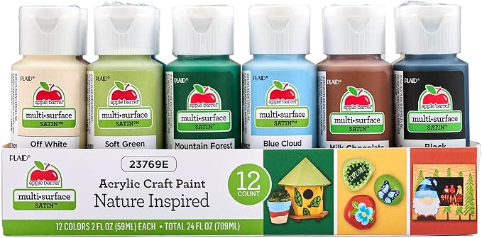 Apple Barrel, Nature Inspired Colors, Multi-Surface Acrylic Craft Paint Set, Includes 12 Colors, Satin Finish