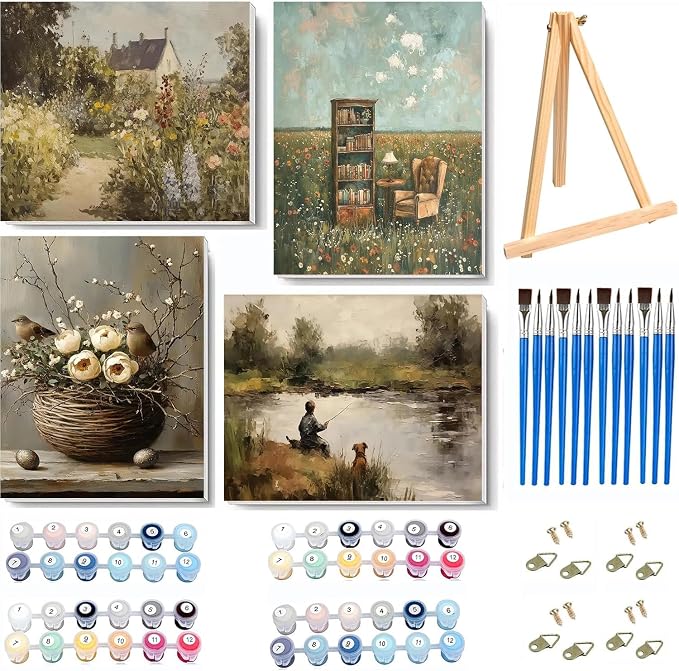 NEGEKFKX 4 Pack Retro Paint by Numbers Kit for Adults Beginner with Framed,Flowers Easy Adult Paint by Number Kits on Canvas DIY Painting for Beginners Art by Numbers for Home Wall Decor 10x12 Inch